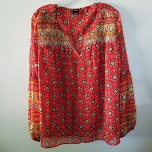 ND New Directions Smocked Bohemian Sheer Balloon Sleeve Flowy Blouse Top Large